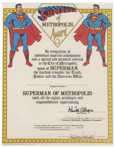 Kirk Alyn, Joe Shuster and Jerry Siegel Signed ''Superman of Metropolis Award''